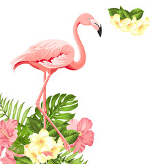 Beautiful tropical image with pink flamingo and plumeria flowers on a white backdrop. Exotic tropical palm tree. Flamingo background and jungle leaf. The Natural background. - obrazy, fototapety, plakaty