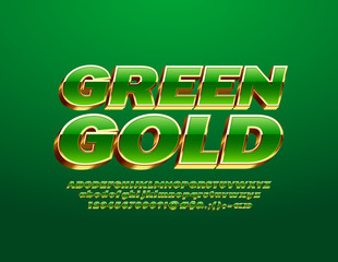 Vector Green and Gold Alphabet Letter, Numbers and Symbols. Luxury 3D Font