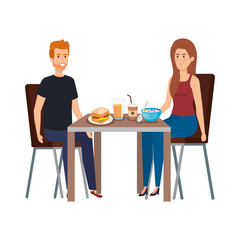 young couple eating in table characters