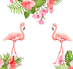 Flamingo bird and plumeria flowers isolated over white background. Tropical birds and flowers illustration. Fashion summer print for invitation card and your template design. Vector illustration
