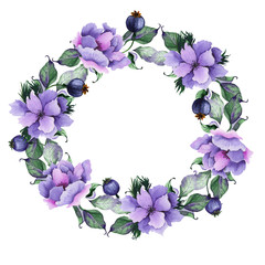 Watercolor floral wreaths with purple, lilac, pink flowers, buds, green leaves, branches and twigs for wedding cards, invitations