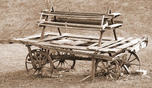 old broken wooden chariot of pioneers