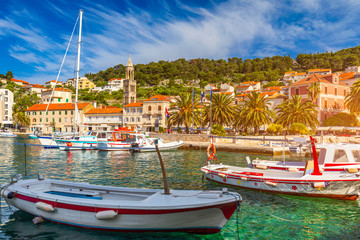 Colorful scenery in mediterranean town Hvar, famous travel place on Adriatic Sea, Croatia. Amazing Hvar city on Hvar island, Croatia. View of the Hvar town, Hvar island, Dalmatia, Croatia.
