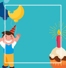 happy boy with birthday balloons helium and cupcake