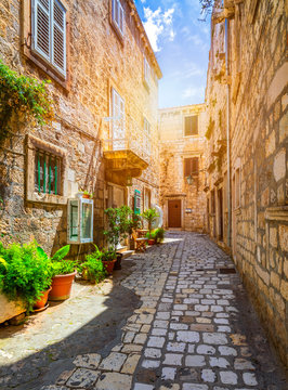 Fototapeta Beautiful street with flowers in the Hvar town, Hvar island, Dalmatia, Croatia. Old Mediterranean street, Hvar town. Old Adriatic town Hvar. Medieval street. Popular touristic destination of Croatia.