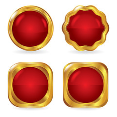 Badge icons set. Realistic golden labels. Red shiny button with golden frames. Premium 3d medal vector symbols collection.