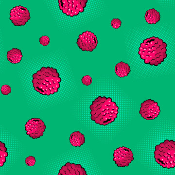 Seamless pattern. Hand-drawn raspberry berries on a green background. Vector illustration 