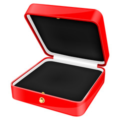Open red jewelry box with black velvet lining