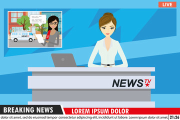European female news anchor in modern television studio,