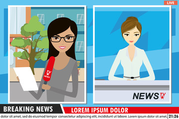 Two screens with European news anchorwoman in modern television studio and reporter on street