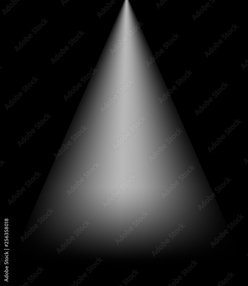 Poster one white conical light source isolated on black background for your design in lighten mode. stage s