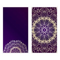 Vintage Cards With Floral Mandala Pattern. Vector Template. The Front And Rear Side. Luxury purple gold color
