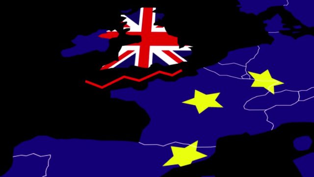 Animation of an irregular red line splitting the United Kingdom from the European Union, on a map, both with their flag. Alpha channel included
