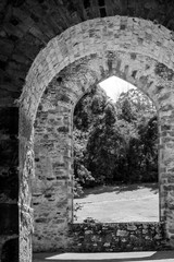 A black and white image of a garden seen through a pair of different shaped arches.