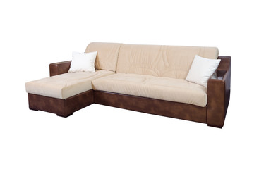 Beige fabric and brown leather sofa isolated on white with clipping path