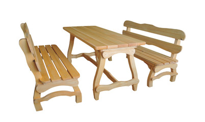 Wooden benches and table on white background. Garden furniture