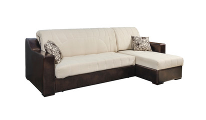 Fototapeta premium Beige fabric and brown leather sofa isolated on white with clipping path