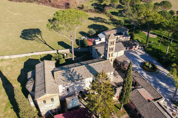 Sanctuary of Vescovio (Lazio, Italy). Church and bell tower in Sabina. Aerial view