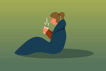 Woman in sleeping bag flat vector illustration