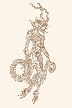 Vector brown contour drawing of fantasy reptile woman on a beige background. Underwater sea amphibian. Linear sketch, tee shirt print, book cover, mystical image, occult symbol, esoteric illustration 