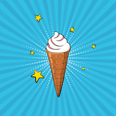 Hand-drawn ice cream on the blue rays background. Vector illustration