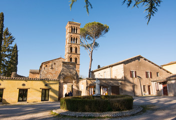 Fototapeta na wymiar Sanctuary of Vescovio (Lazio, Italy). Church and bell tower in Sabina.