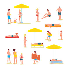 Holidaymakers in swimsuits flat illustrations set