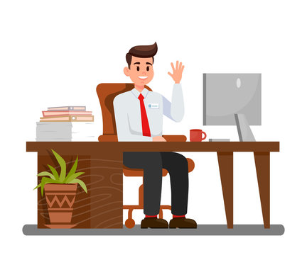 Man at Workplace in Office Vector Illustration