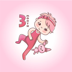 Little baby girl with pink bow and toy bunny. Stages of child development in the first year of life. The third month of a baby girl. Vector Illustration isolated on pink background