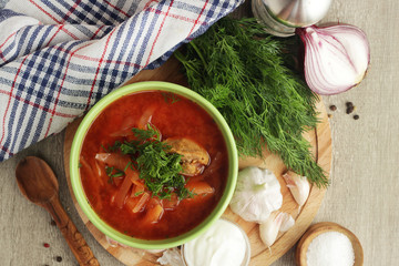 A bowl with traditional Ukrainian borscht