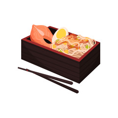 Japanese food with chopsticks on white background.