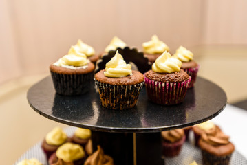 Colorful cupcakes with icing on decoration table.