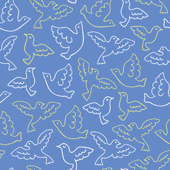 Seamless birds pattern. Blue background. Vector illustration.