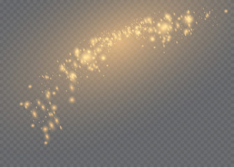 The dust sparks and golden stars shine with special light. Vector sparkles on a transparent background.