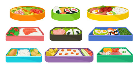 Japanese food in colorful lunch boxes set.