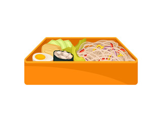 Japanese food in orange lunchbox on white background.