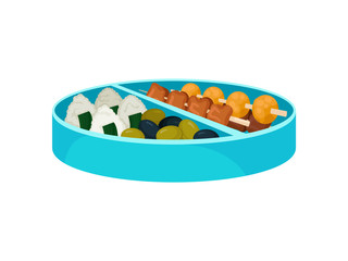 Japanese food in blue lunch box. Asian concept.