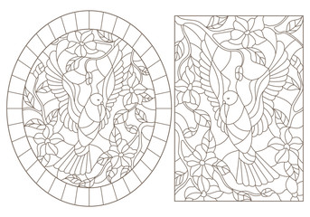 A set of contour illustrations of stained glass with pigeons on a background of flowers, dark contours on a white background