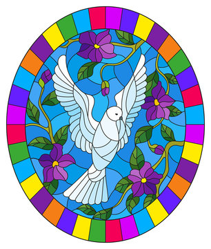 Illustration in stained glass style with flying white dove on purple background, oval picture in bright frame