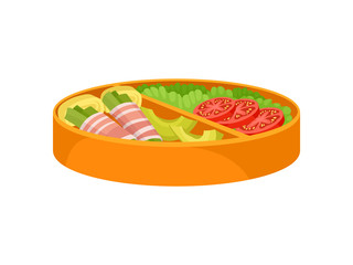 Japanese food in orange lunchbox on white background.