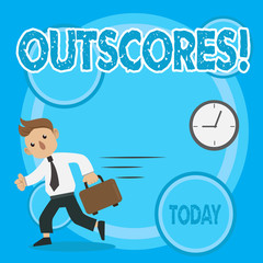 Word writing text Outscores. Business photo showcasing Score more point than others Examination Tests running Health care Man in Tie Carrying Briefcase Walking in a Hurry Past the Analog Wall Clock