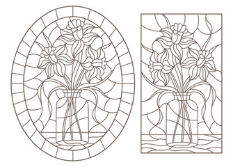 A set of contour illustrations of stained glass Windows with floral still lifes, dark contours on a white background