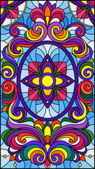 Illustration in stained glass style with abstract  swirls,flowers and leaves  on a blue background