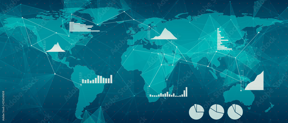 Poster abstract illustration of worldwide network for business technology. charts, diagrams demonstrating d