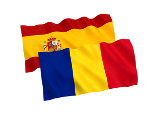 Flags of Romania and Spain on a white background