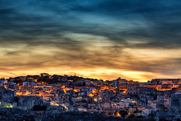 Obraz premium Panoramic view to the town of Matera in Italy with historic buildings. Unesco heritage site