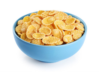 Bowl with cornflakes isolated on white background.