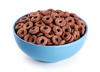Bowl with chocolate corn rings isolated on white background.