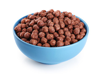 Bowl with chocolate corn balls isolated on white background.