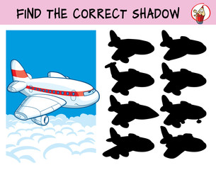 Passenger airliner. Find the correct shadow. Educational game for children. Cartoon vector illustration